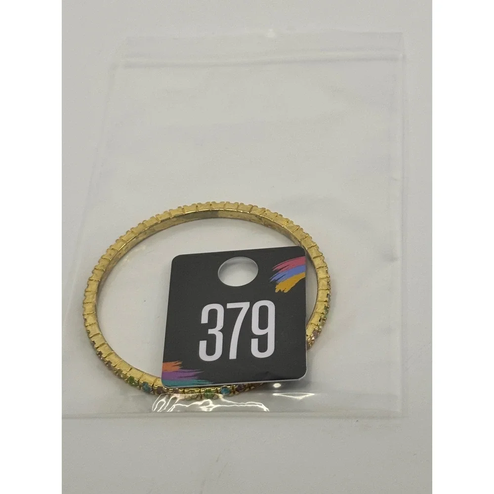 Gold Tone Rainbow Rhinestone Slim Bangle Bracelet Dainty Stackable‎ Round Y2K